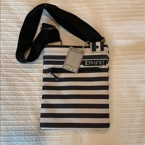 Navy and white striped cross body bag